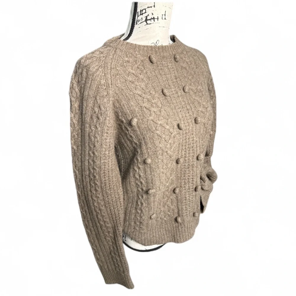 J.Crew NWT Lambswool Cable Knit Sweater  L Brown Chunky Pom Pom Cozy Layer